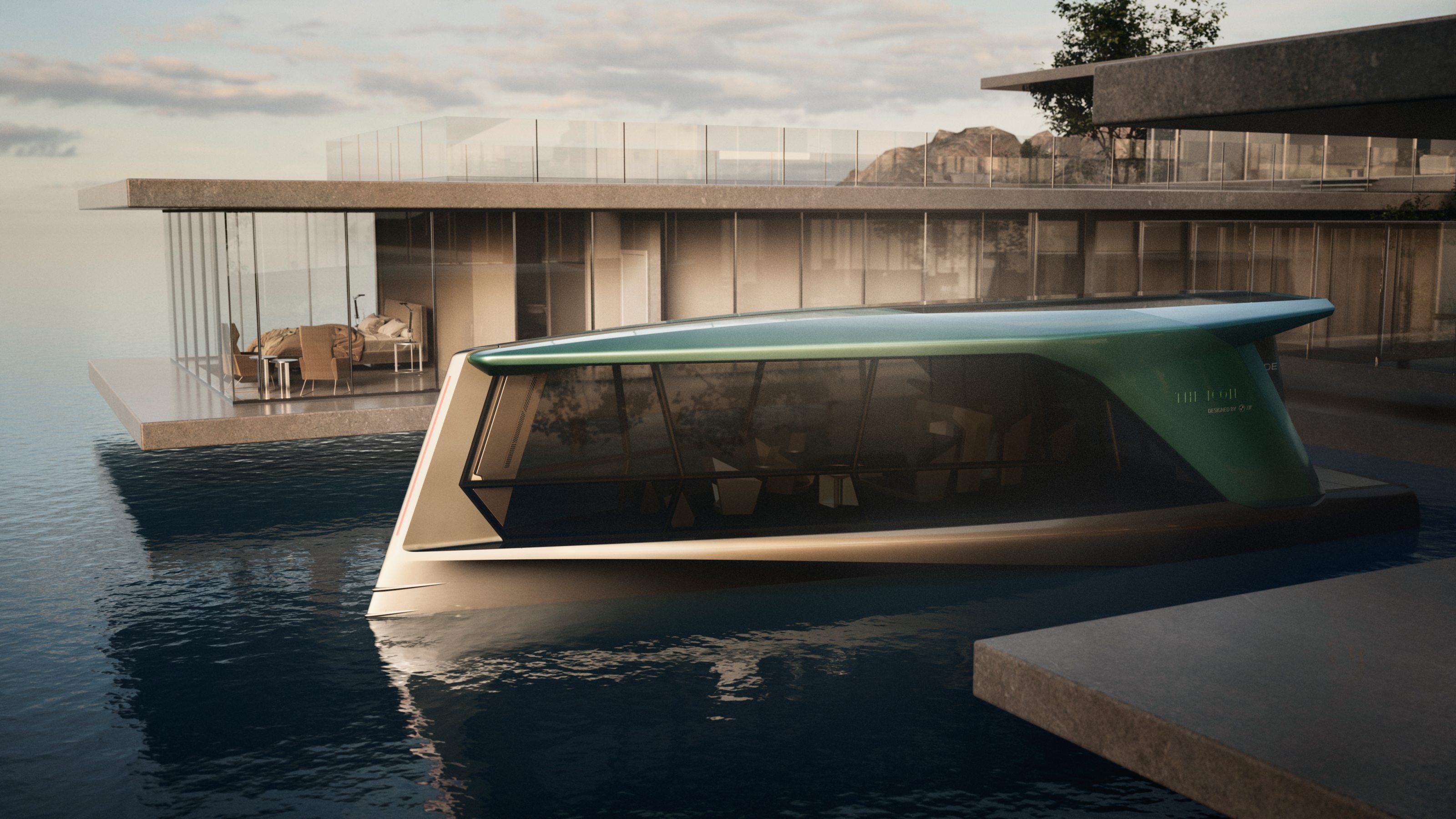 The TYDE ICON electric vessel beside a waterfront building